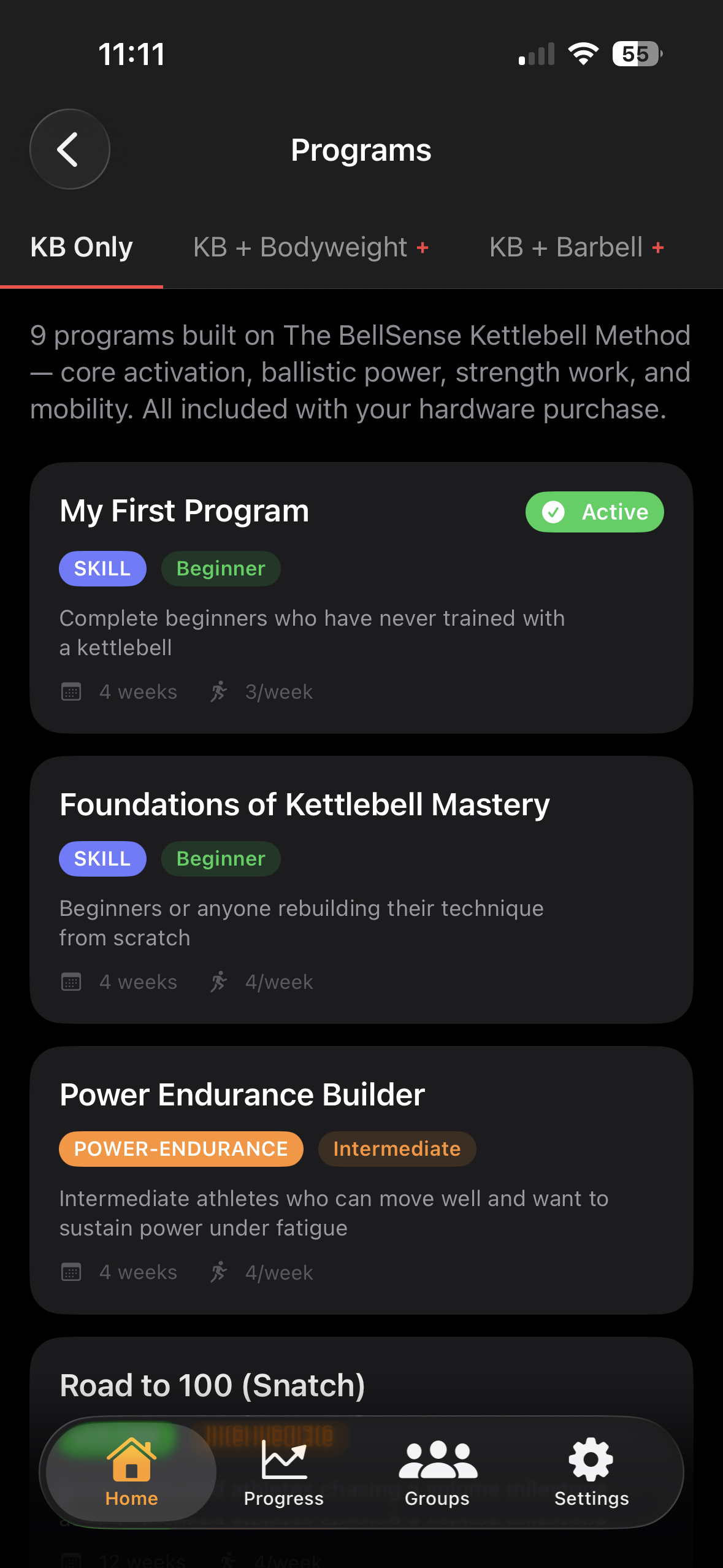 Choosing a training program in the BellSense app